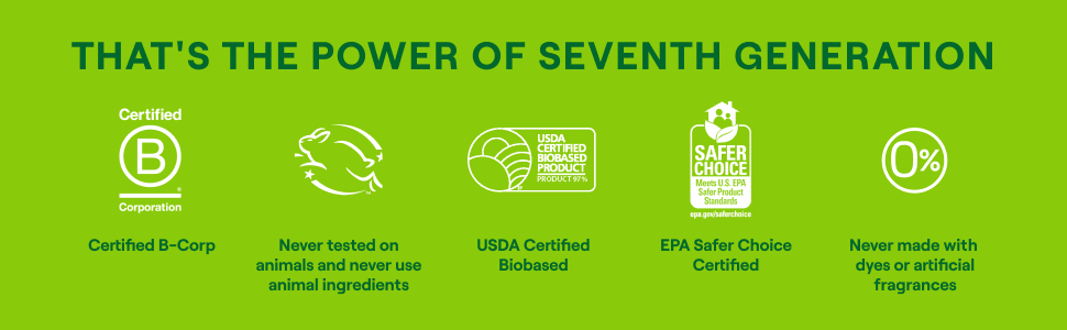 That's the power of Seventh Generation. Lockup of five credential icons.