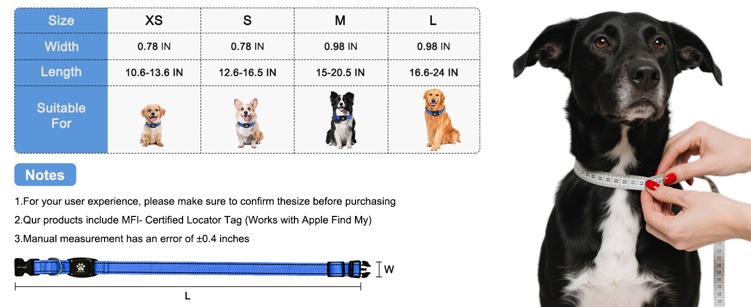 MYIWB Dog Collar Size Chart: XS/S/M/L, Measure Neck for Fit