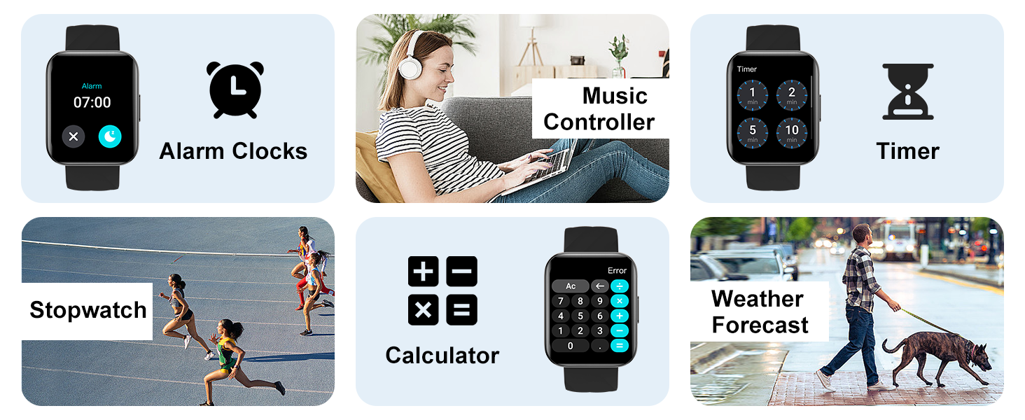 Set alarms, control music, use timer, stopwatch, check weather, and use calculator on smartwatch.