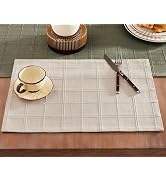 ZeeMart Linen Checked Placemats Set of 6, Plaid Embroidery Textured Table Mats, Double Layer Thic...