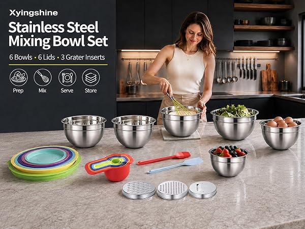 stainless steel mixing bowl set; prep mix serve store; grater inserts; Xyingshine picture part of AI