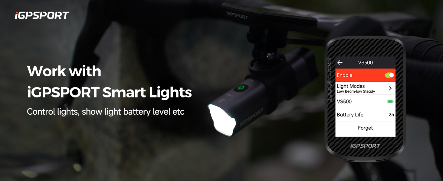 Smart bicycle light system with companion smartphone app. Shows a bright LED light mounted on a bicycle and a phone screen displaying light control interface.