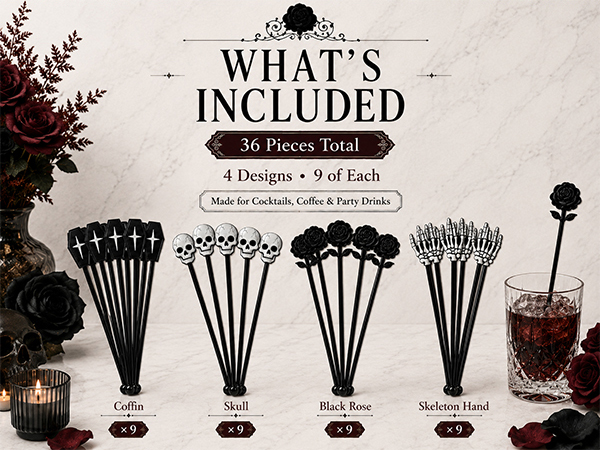 36-Piece Halloween Cocktail Stirrers, 7.1 in, 4 Gothic Designs for cocktails,punch and party bars