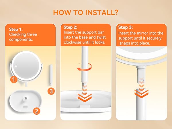 How to install Auxmir makeup mirror: 3-step assembly, check parts, twist base, attach mirror