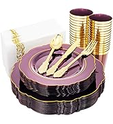 KIRE 210Pcs Purple Plastic Plates with Gold Rim& Silverware &Cups&Hand Napkin - Baroque Clear Pla...