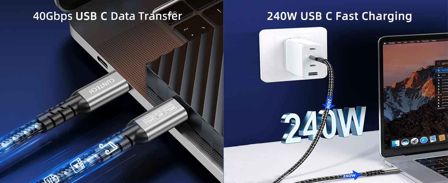 USB C 40Gbps Data Transfer Cable 240W PD Fast Charging 8K/4K HD Display Video Monitor Cable