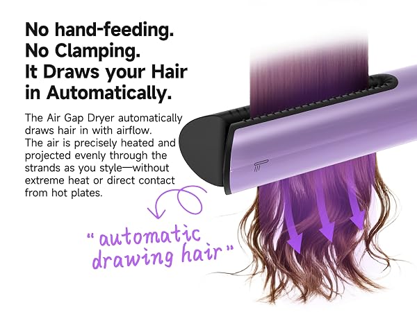 Clamp-free air styling with no hand-feeding, airflow draws fine hair in automatically as you dry