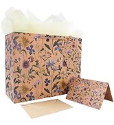 JAYTEM Kraft Floral Gift Bag 13" Large Vintage Botanical Wildflower Gift Bag Set with Greeting Ca...