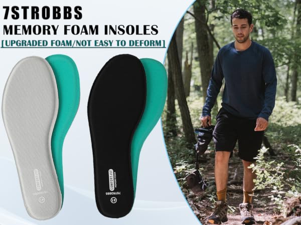 7STROBBS memory foam insoles in black, white, and teal. Product features and hiking scene shown. Insoles described as upgraded and not easily deformed.