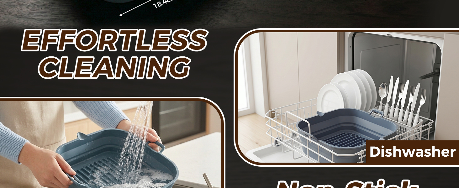 Text reads 'EFFORTLESS CLEANING'. Shows dishwasher interior with clean dishes on left, dishwasher door open on right displaying organized place settings and utensils.