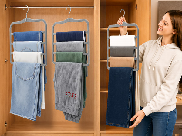 Space saving pants hangers used in small dorm room closet organizer