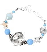 JewelryWe Women's Boho Bracelet Watch - Shell Starfish Cross Beaded Band Wristwatch - Preppy Ocea...