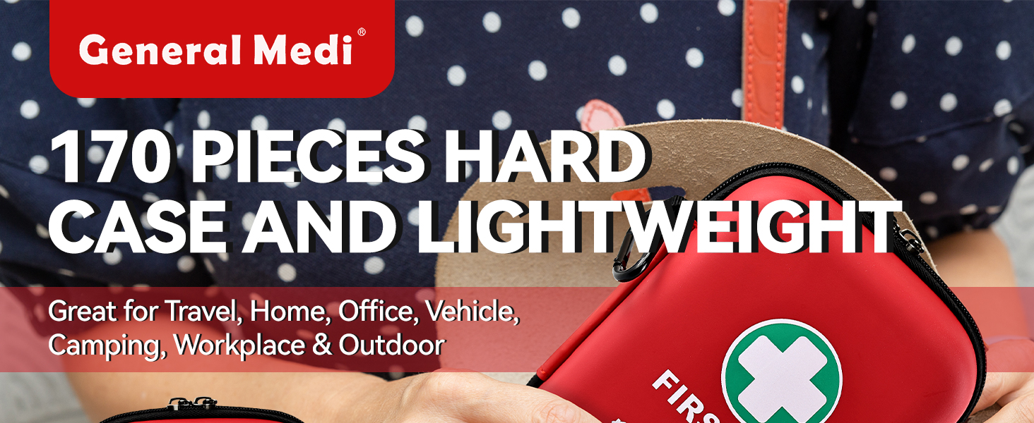 Text reads 'General Medi', '170 PIECES HARD CASE AND LIGHTWEIGHT', 'Great for Travel, Home, Office, Vehicle, Camping, Workplace & Outdoor'. Red first aid kit with white cross symbol.