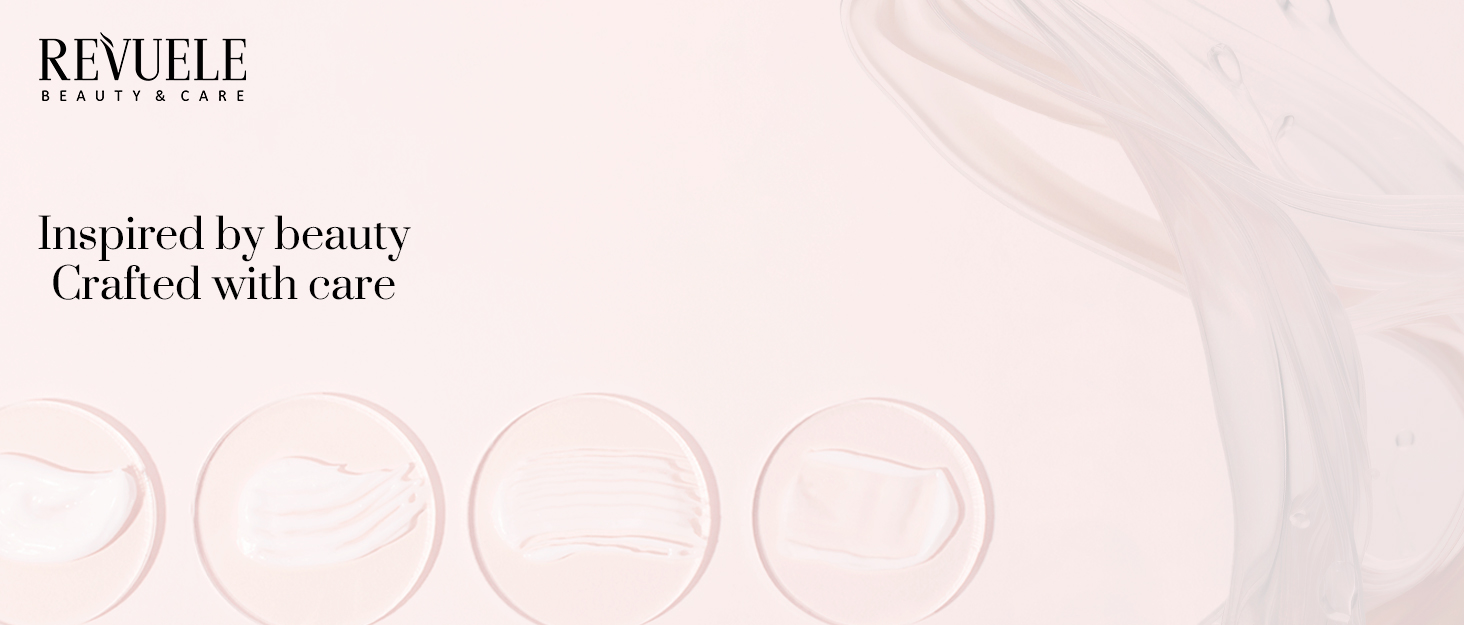 Pink background with design element bubbles with text inspired by beauty crafted with care