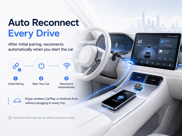 Wireless adapter reconnects to CarPlay or Android Auto when the car starts.