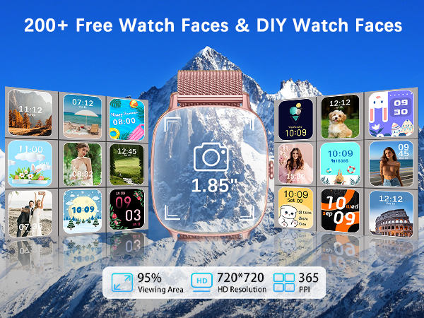 Text reads '200+ Free Watch Faces & DIY Watch Faces'. Digital watch interface display showing multiple customizable watch face options with time displays and various app icons against a snowy mountain background.