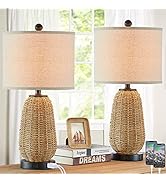 CINSARY Touch Control Rattan Table Lamps, 3 Way Dimmable Bedside Lamps for Bedroom Set of 2 with ...
