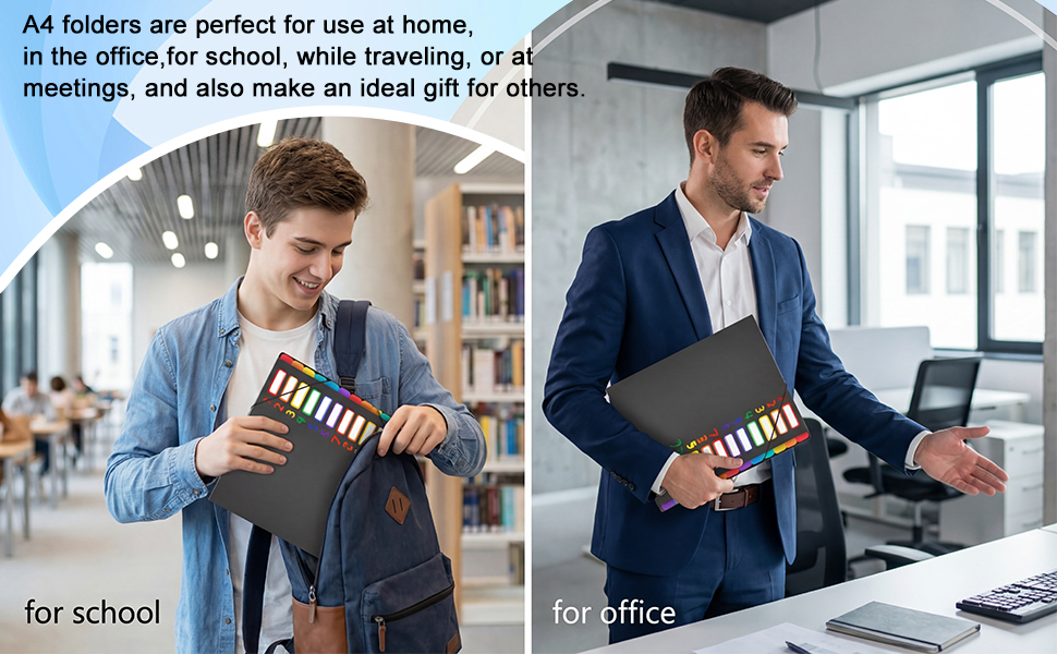 Text reads 'Image 4', 'for school', 'for office', 'A4 folders are perfect for use at home, in the office or school, while traveling, or at meetings, and also make an ideal gift for others.' Product demonstration showing A4 folders in use.