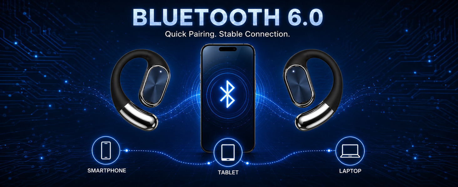 Bluetooth 6.0 open-ear earbuds connecting to smartphones, tablets and laptops.
