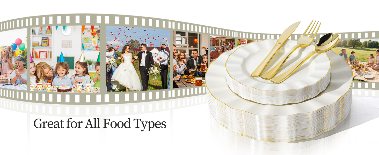 gold plastic plates and silverware
