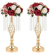 Kehail 2 Pcs Gold Metal Crystal Pendant Flower Stand, 19" Wedding Tall Vase, Metal Hollow for Wed...