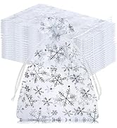 100Pcs Christmas Organza Gift Bags, 4x6 Snowflake Mesh Drawstring for Xmas Wedding Party Favor, J...