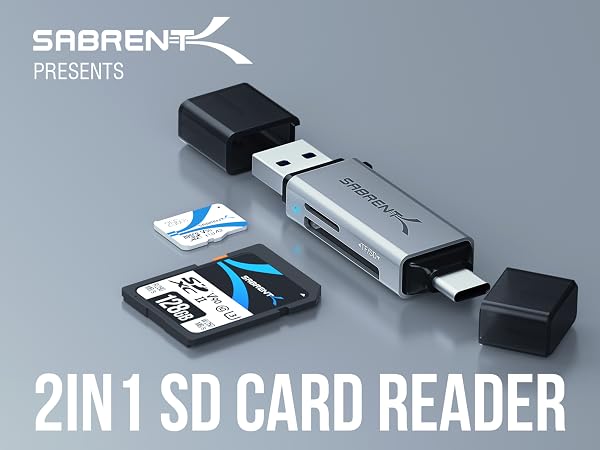 Text reads 'SABRENT PRESENTS 2IN1 SD CARD READER'. Multiple views of a black and silver card reader device shown against grey background, demonstrating different usage angles.