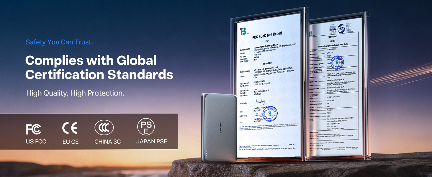 Flight Approved Power Bank, TSA Compliant, FCC Certified, Global Safety Standards, Reliable Power.