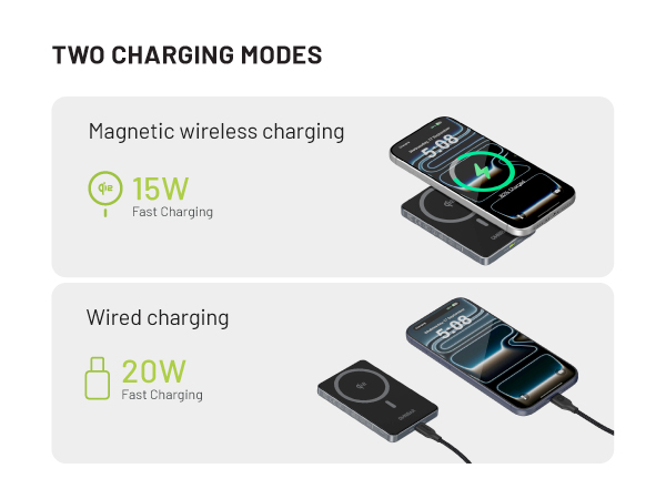 Qi2 15W magnetic wireless charging and 20W fast charging with USB-C cable for charging options