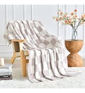 Checkered Throw Blanket for Couch, Ivory White Checkerboard Blankets with Soft Fluffy Microfiber ...