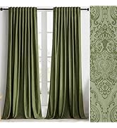 GIGIZAZA Velvet Curtains 96 Inch Long 2 Panels, Green Vintage Drapes Floral Embossed Blackout Win...