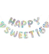 Iridescent Happy Sweet 16 Birthday Banner, Pre-Strung Holographic Party Decorations, Sixteenth Bi...