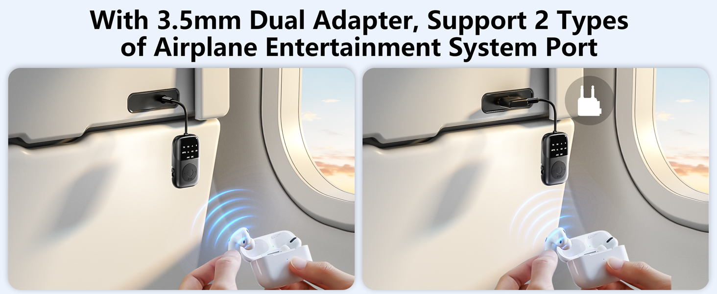 3.5mm dual adapter shown being used with airplane entertainment system port, featuring wireless connectivity for audio devices during flight.