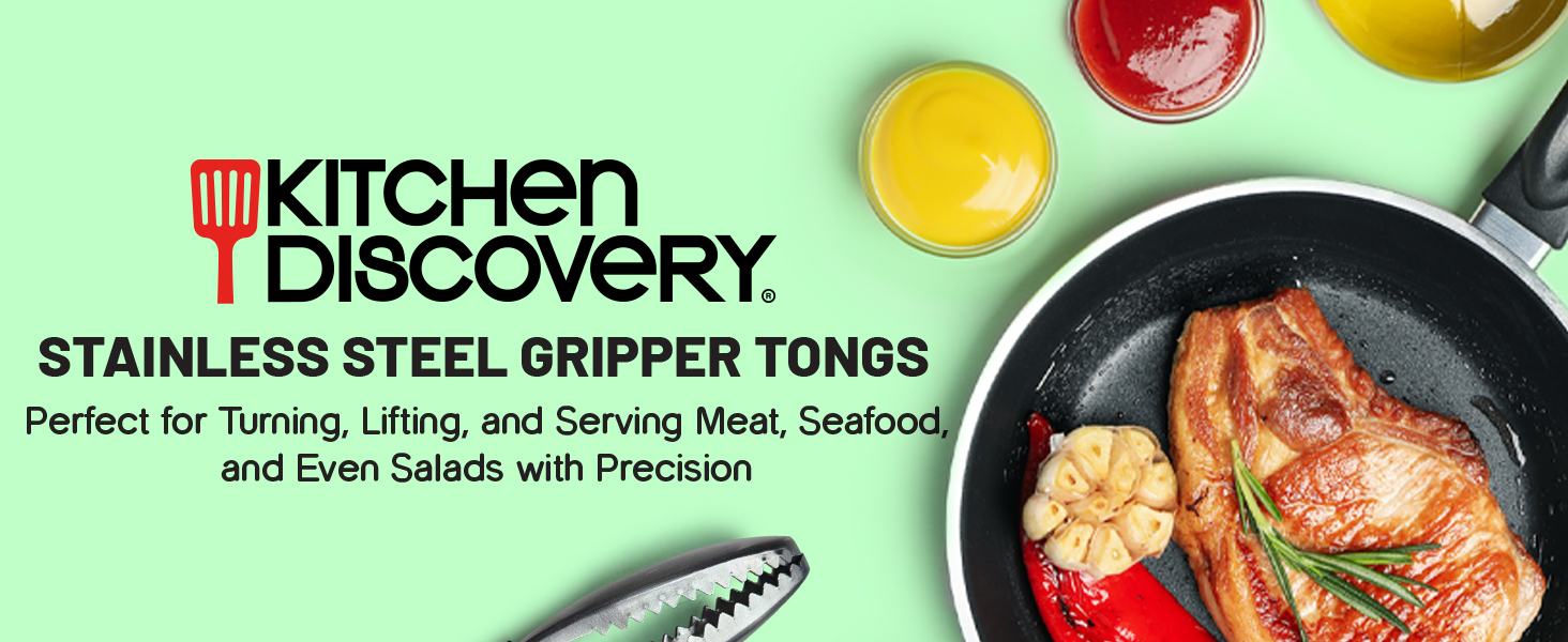 Stainless Steel Gripper Tongs – 8.25 Inch Metal Tongs with Teeth for Nonslip Grilling, Cooking