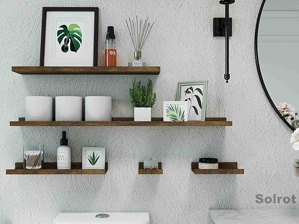 brown shelves in bathroom