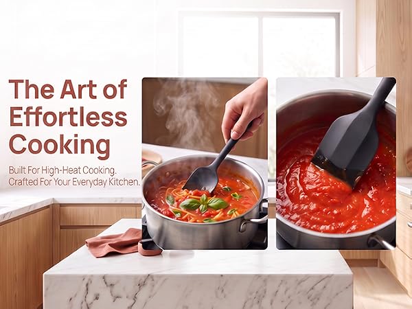 black silicone spatula stirring hot pasta sauce in pot, premium kitchen utensil for high-heat