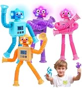 Delighkidz Robot Fidget Toys for Kids : 4 Pack LED Robotic Pop Tubes Telescopic Suction Cup Senso...