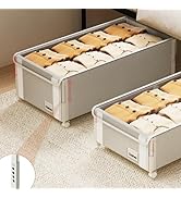 2Pack Under Bed Storage with Wheels,9.5"-12"Tall Adjustable Height Underbed Storage,Deep Under Be...