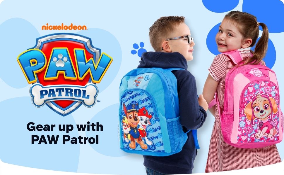 Text reads 'PAW PATROL' and 'Gear up with PAW PATROL'. Two children's backpacks shown - blue and pink designs featuring cartoon characters.