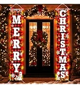 71 x 12 Inches Merry Christmas Door Banner for Doorway, Large Red and Black Plaid Christmas Hangi...