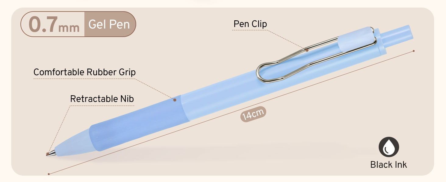 Light blue gel pen with 0.7mm tip, retractable nib, comfortable rubber grip, and metal clip. Features black ink and labeled parts including pen clip and grip.