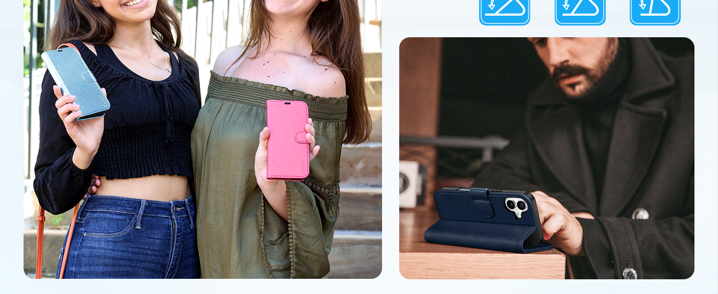 Compact portable device shown in blue and pink colors, held by individuals in casual clothing, suggesting a small personal gadget.
