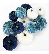 Whaline 12Pcs Fall Thanksgiving Velvet Pumpkin Blue White Artificial Pumpkins 2 Sizes Fake Fabric...