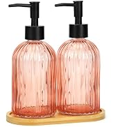 2 Pack Stripe Glass Soap Dispenser with Black Plastic Pump & Bamboo Tray, 400ml Liquid Hand Soap ...