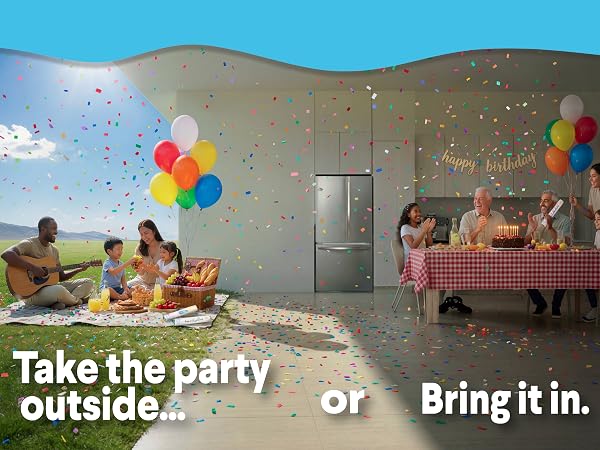 Happy families using confetti cannons at outdoor picnic and indoor birthday party