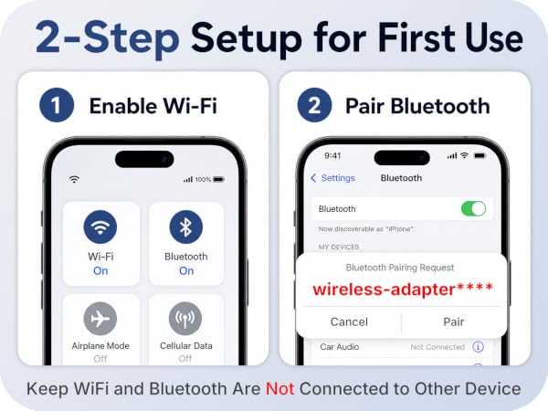 Wireless CarPlay adapter setup: enable WiFi and Bluetooth, then pair your iPhone for first use.