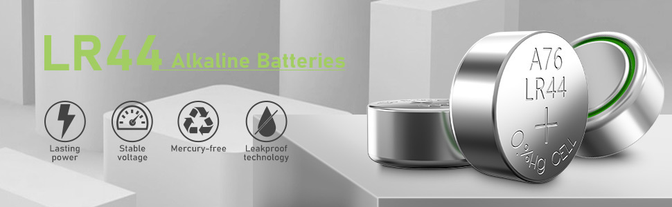 LR44 alkaline batteries with product icons showing features: lasting power, stable voltage, mercury-free, and leakproof. Multiple batteries displayed.