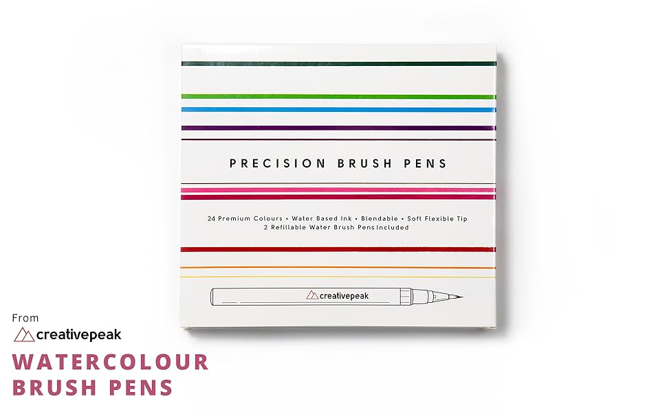 Watercolor brush pen set packaging with colorful stripes and product information. Includes a white brush pen with gray cap.