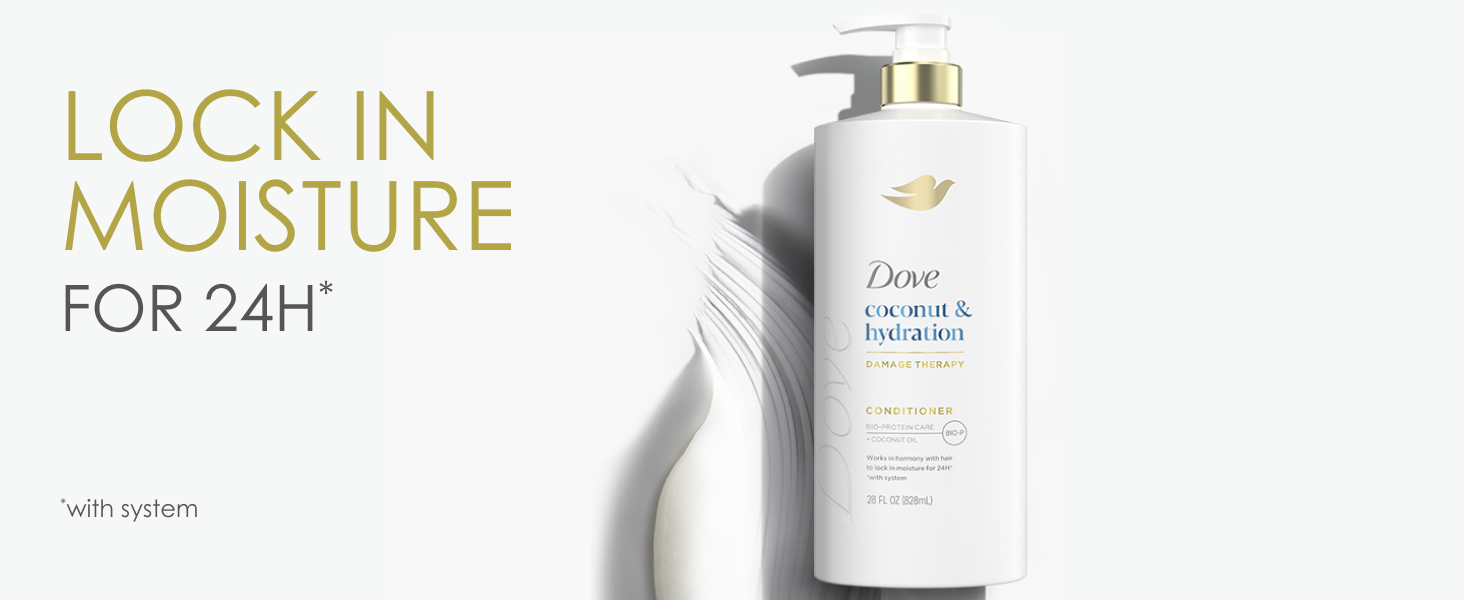 Image of Dove Coconut & Hydration Damage Therapy Shampoo on top of the liquid product next to text.