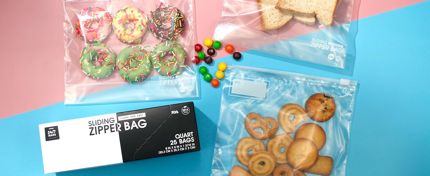 Slider Box show with slider bags containing items inside. Food is the main storage for these bags